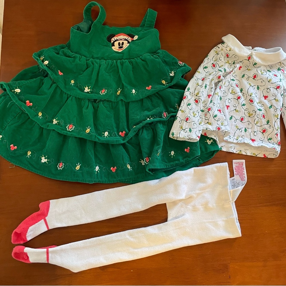 Disney Baby Minnie Mouse Holiday Outfit – 3pc Set (Dress, Top & Tights)